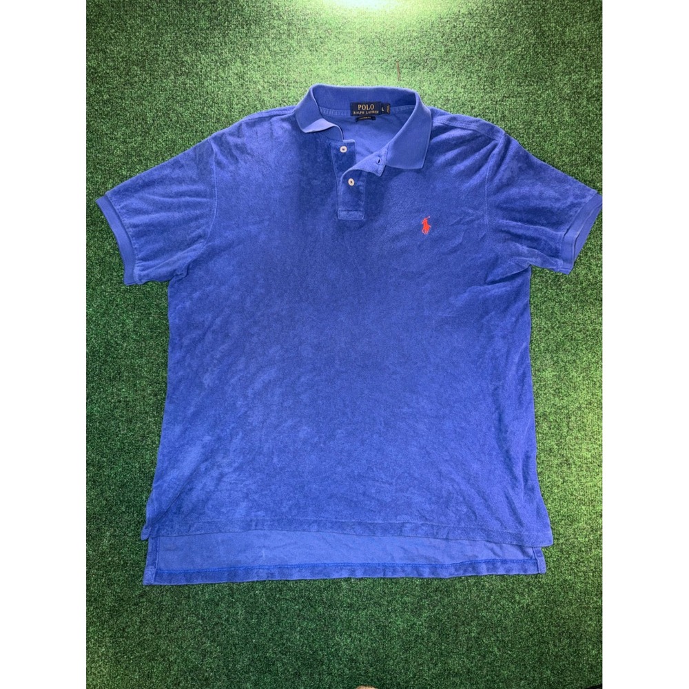 Polo Ralph Lauren Mens Blue Terry Cloth Polo Shirt Custom Fit Large Red Pony